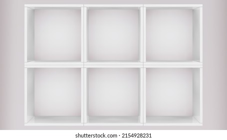 3D mockup of white empty cabinet on the wall. Kitchen shelf or bookshelf for office and home. Shop, gallery showcase. Blank retail storage space. Interior design furniture