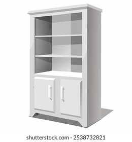 3D mockup of white empty cabinet with shelves on the wall. Vector illustration. Kitchen furniture or bookshelf for office and home. Shop, gallery showcase. Blank retail storage space. Interior design 