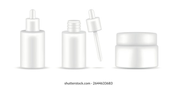 3D-Mockups von weißen Serumtropfenflaschen und Cremeglas für kosmetische Verpackung Design