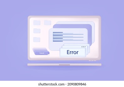 3d modal pop up window with error. Computer crash warning. Popup informational notification about an interface problem on the desktop. Failure, bug, many tabs in computer window. Browser error. Vector