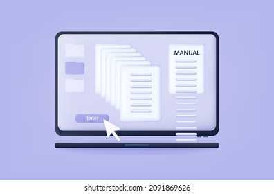 3d modal pop up window. User guide or interface with a manual for study, familiarization. Button enter. Desktop with many open tabs. Operating system, browser error concept. Popup notification. Vector