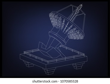 3d model of an antenna on a blue background. Drawing