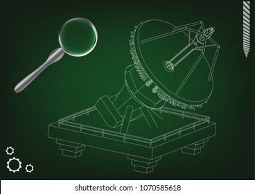 3d model of an antenna on a green background. Drawing
