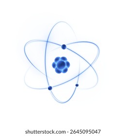 Modelo 3D de átomo com órbitas de elétrons brilhantes sobre fundo branco. Símbolo científico para projetos em física, nanotecnologia, educação e química. Vetor