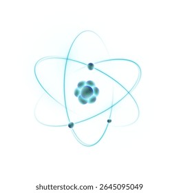 Modelo 3D de átomo com órbitas de elétrons brilhantes sobre fundo branco. Símbolo científico para projetos em física, nanotecnologia, educação e química. Vetor
