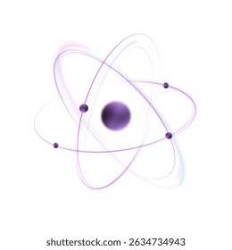 3D model of an atom with glowing purple orbitals and nucleus on a white background. Ideal for scientific visuals, medical illustrations, nuclear energy and educational graphics.	