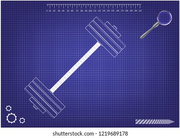 3d model of barbell on a blue background. Drawing