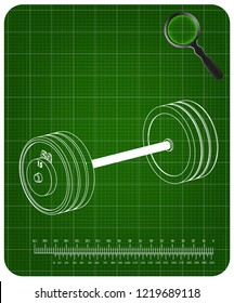 3d model of barbell on a green background. Drawing