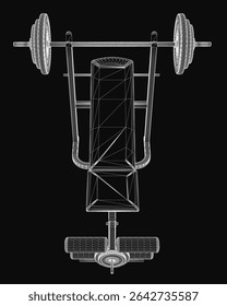 A 3D model of a bench press with a barbell resting on top, featuring detailed metal construction and textured padding. The black background highlights the equipment's sleek design