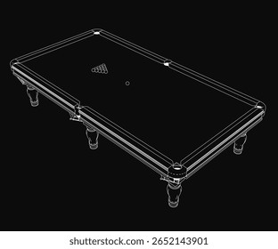 Um modelo 3D de uma mesa de bilhar com um fundo preto apresenta uma forma retangular e superfície de pano branca. Várias bolas de piscina são dispostas em uma formação triangular precisa.