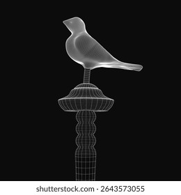 A 3D model of a bird perched on a pole, rendered with realistic details and textures against a black background. The lifelike feathers and posture create a striking visual, ideal for nature or design.