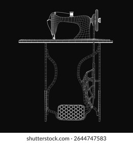 A 3D model blueprint of a sewing machine displayed on a sleek black background, highlighting intricate mechanical components and precise engineering details.