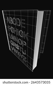Um modelo 3D de um livro com um plano de fundo preto elegante e um texto branco nítido exibindo o alfabeto em letras negrito. O design é minimalista, mas impressionante, perfeito para projetos educacionais ou criativos.
