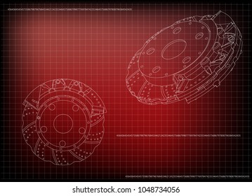 3d model of the brake disc on a red background. Drawing