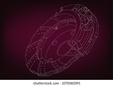 3d model of the brake disc on a burgundy background. Drawing