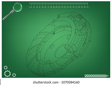 3d model of the brake disc on a green background. Drawing