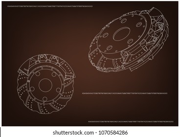 3d model of the brake disc on a brown background. Drawing
