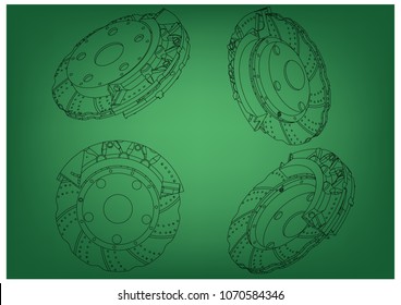 3d model of the brake disc on a green background. Drawing