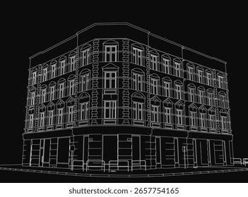 Modelo 3D de un proyecto de construcción sobre un fondo negro, con ventanas detalladas, puertas y Elementos arquitectónicos. El diseño destaca la precisión estructural con líneas limpias y profesional.