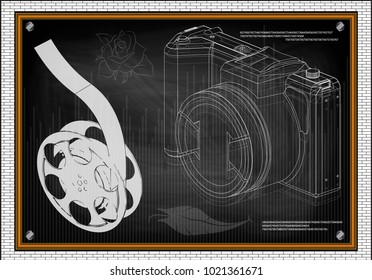3d model of the camera and film on blackboard. Drawing