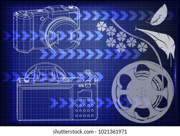 3d model of the camera and a film on a blue background