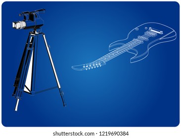 3d model of camera and guitar on a blue background. Drawing