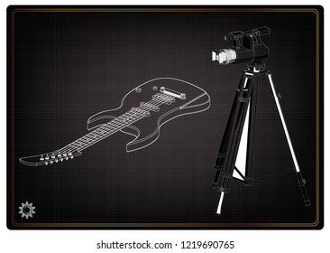 3d model of camera and guitar on a black background. Drawing