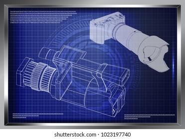 3d model of the camera on a blue background. Drawing