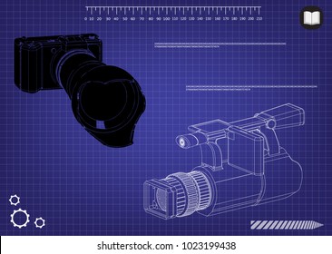 3d model of the camera on a blue background. Drawing