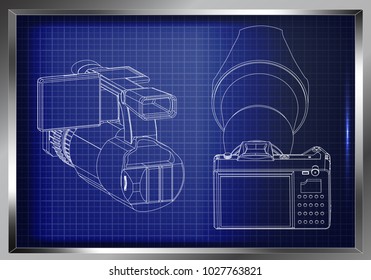 3d model of the camera on a blue background. Drawing