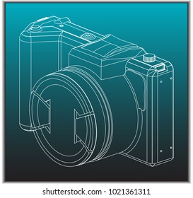 3d model of the camera on a turquoise background. Drawing