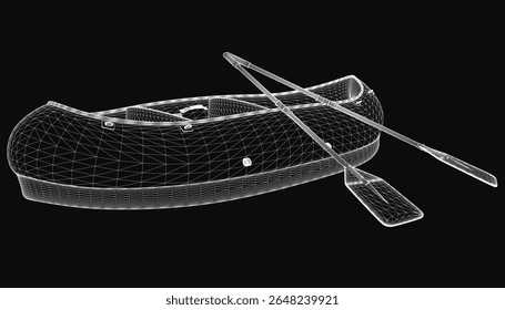 Um modelo 3D de uma canoa com dois remos colocados no centro, renderizados realisticamente em um fundo preto. A textura de madeira e o design elegante destacam o artesanato do barco, enquanto os remos sugerem.
