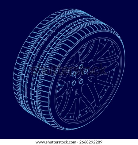 A 3D model of a car wheel with detailed contour lines, showcasing the tire's blueprint on a solid blue background. The design highlights precision engineering and modern aesthetics.
