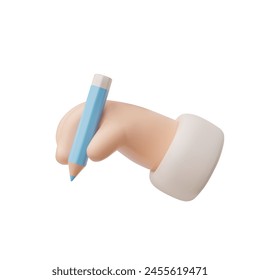 3D model of a cartoon hand holding a pencil on a white background is ideal for school and business graphics, or for design and icons on educational topics