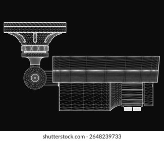 A 3D model of a CCTV camera blueprint on a black background, featuring intricate lines and precise curves for a realistic technical design. The detailed illustration highlights the camera's structure.