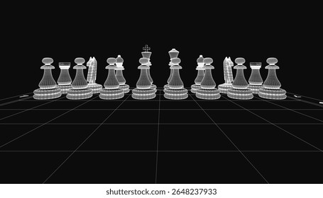 A 3D model of a chess set arranged in traditional formation, with the king and queen pieces facing each other. The white chess pieces contrast sharply against the black background, creating a.