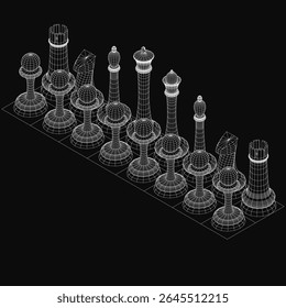 A 3D model of a chess set with metal pieces arranged in traditional formation, featuring glossy white pieces against a black background. The king and queen face each other, creating a striking.
