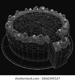 Um modelo 3D de um bolo de chocolate com uma fatia faltando fica em um fundo preto, mostrando texturas detalhadas.