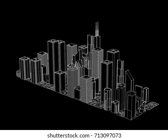 3D model of city. Isolated on black background.Vector outline illustration.