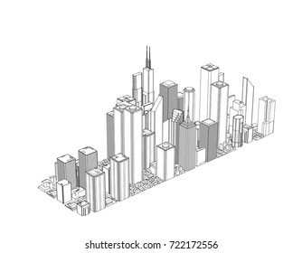 3D model of city. Isolated on white background.Vector outline illustration. Isometric view.