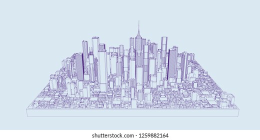 3D model of city. Vector outline illustration. Front view.