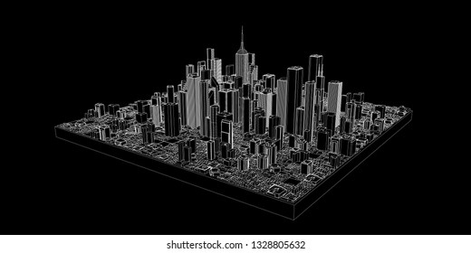 3D model of city. Vector outline illustration.