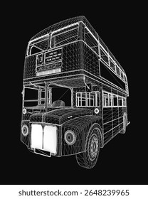 A 3D model of a classic English double-decker bus, rendered on a sleek black background for contrast. This royalty-free model features clean lines and realistic details, ideal for transportation