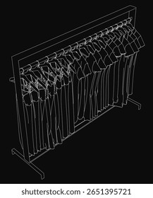 A 3D model of a clothes rack displays various dresses on neatly arranged hangers. The garments feature different colors and styles, creating a visually appealing composition.