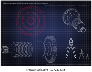 3d model of a cogwheel on a blue background. Drawing