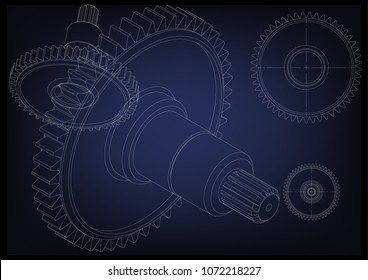 3d model of a cogwheel on a blue background. Drawing