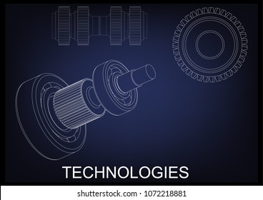 3d model of a cogwheel on a blue background. Drawing