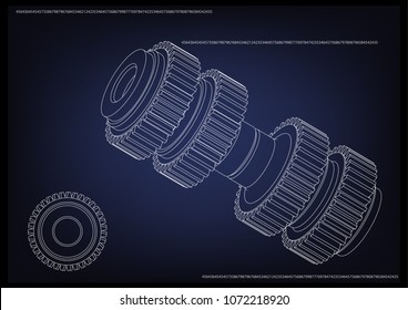 3d model of a cogwheel on a blue background. Drawing