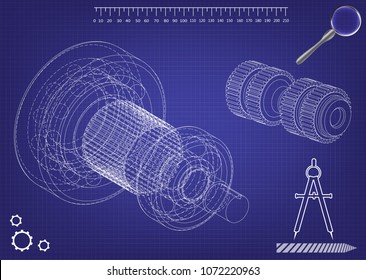 3d model of a cogwheel on a blue background. Drawing