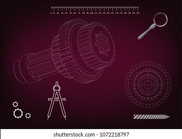 3d model of a cogwheel on a burgundy background. Drawing